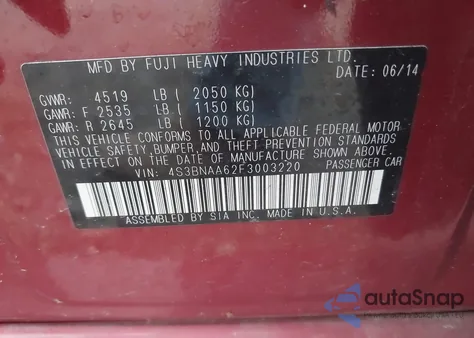 2015 Subaru Legacy 2.5I z USA, uszkodzony, nr VIN 4S3BNAA62F3003220